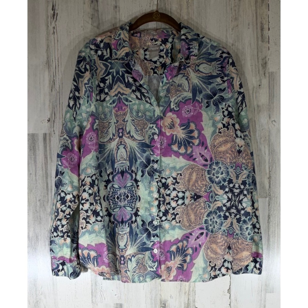 Chicos Button Up Shirt Size 3 or XL Floral Paisley Linen No Iron Roll Tab Sleeve